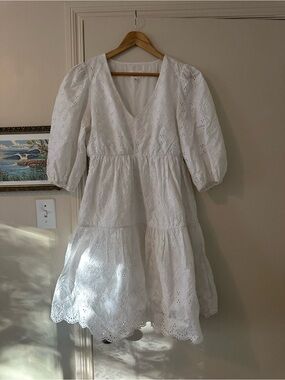 Women's White Eyelet V-Neck Tiered Dress